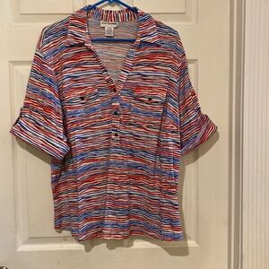 Red, white, and blue striped short sleeve casual blouse
